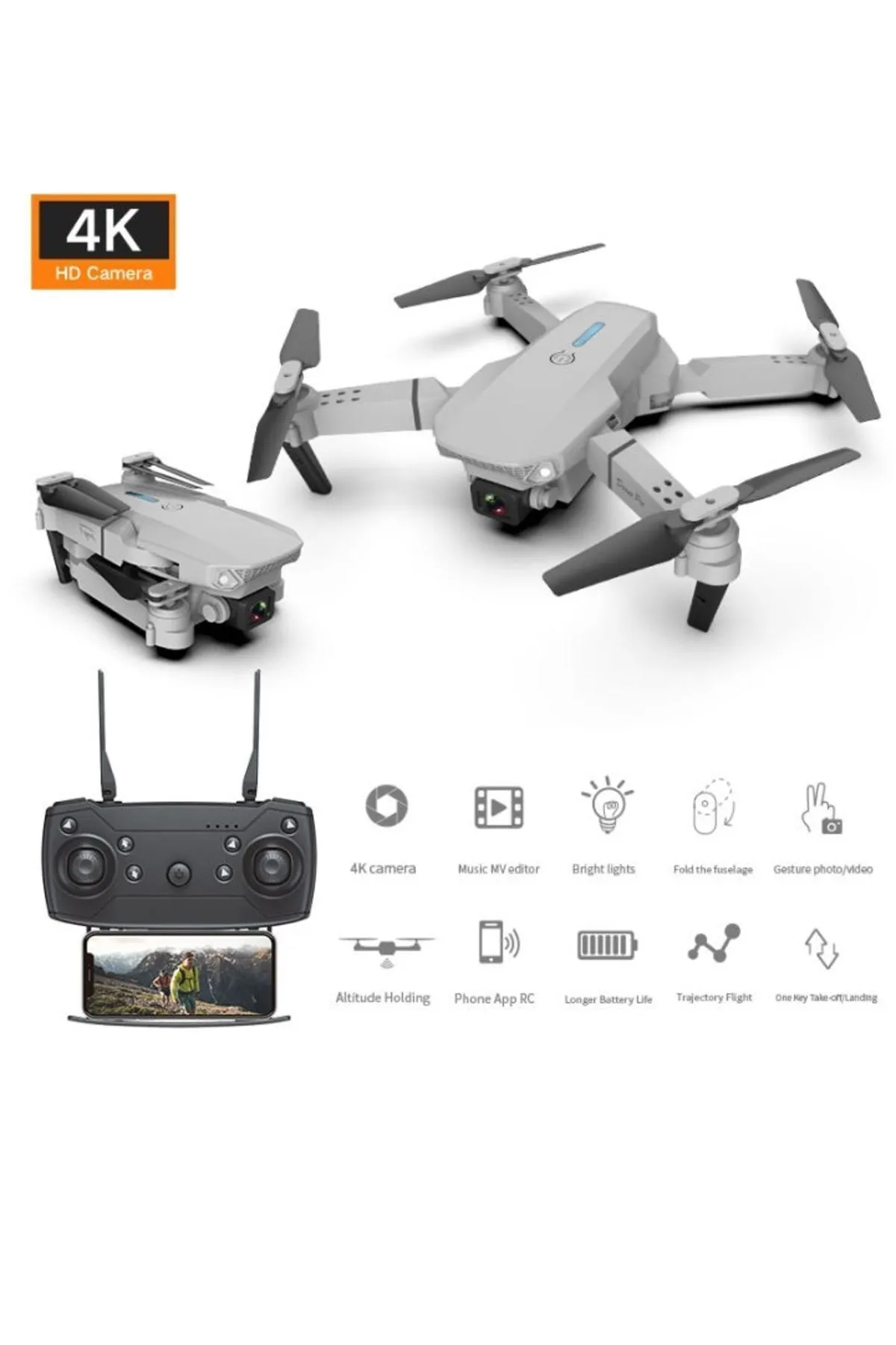Bilişim Burada E88 DRONE 4K HD ÇİFT KAMERALI DRONE APP KONTROL WİFİ Lİ KATLANABİLİR QUATCOPTER X3 BATARYA